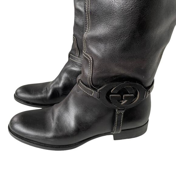 Gucci Interlocking G Logo Tall Riding Boots Knee Leather Black 7 GUC - Picture 11 of 16